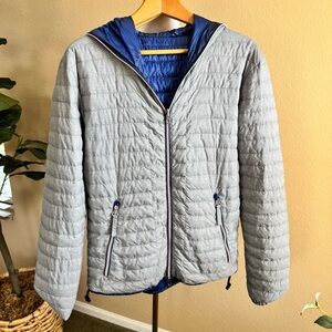 Duvetica Mens Lightweight Down Puffer Jacket Reversible Hood Gray/Blue Sz 52 (M)